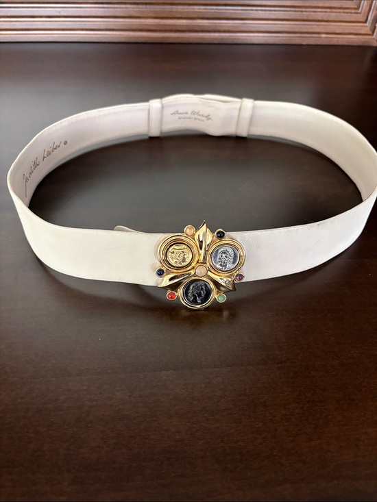 Judith Leiber Accessories - Judith Leiber White Leather Belt with Multicolor Medallion Buckle